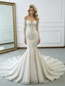 White Mermaid Sequins Long Sleeve Wedding Dress