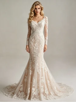 Champagne Mermaid Lace Long Sleeve Wedding Dress