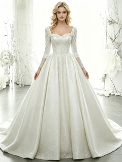 White Sequins Short Sleeve Wedding Dress