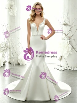White Mermaid Straps Beading Wedding Dress