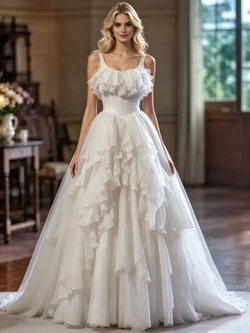White Tulle Straps Wedding Dress