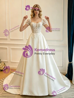 White Satin Lace Short Sleeve Wedding Dress