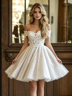 White Sequins Off the Shoulder Lace Wedding Dress