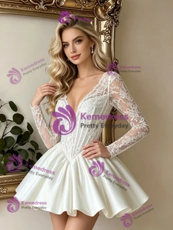 White Satin Lace Long Sleeve V-neck Wedding Dress
