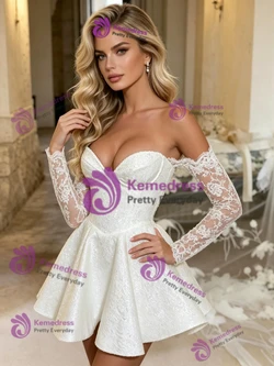 White Long Sleeve Lace Mini Wedding Dress