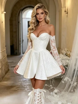 White Long Sleeve Lace Mini Wedding Dress