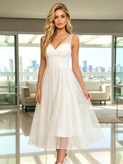 White V-neck Tulle Wedding Dress