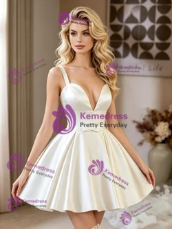 White Satin Straps Short Wedding Dress