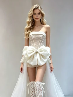 Beige White Tulle Strapless Bow Wedding Dress