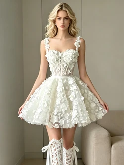 White Straps Flower Wedding Dress