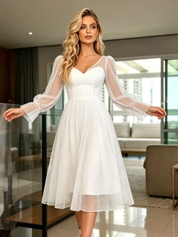 White Tulle V-neck Long Sleeve Wedding Dress