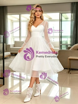 White Tulle V-neck Long Sleeve Wedding Dress
