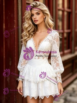 White Long SLeeveLace V-neck Mini Wedding Dress