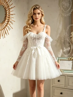 White Tulle Long Sleeve Lace Wedding Dress