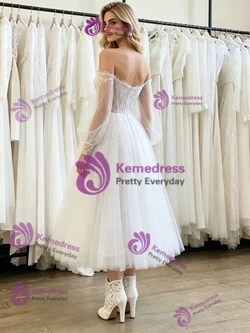 White Tulle Long Sleeve Wedding Dress