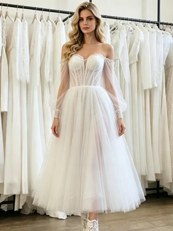 White Tulle Long Sleeve Wedding Dress