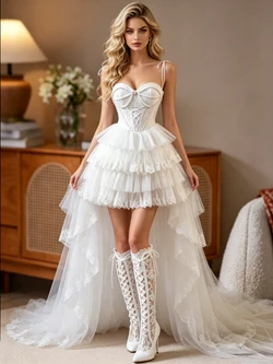 White Tulle Hi Lo Straps Wedding Dress