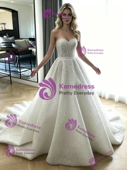 White Sequins Strapless Wedding Dress