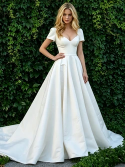 White Satin Puff Sleeve Wedding Dress