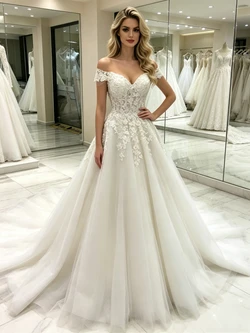 White Tulle Off the Shoulder Appliques Wedding Dress