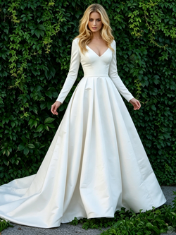 White V-neck Satin Long Sleeve Wedding Dress