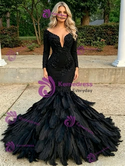 Black Mermaid Long Sleeve Appliques Prom Dress