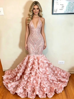 Pink Mermaid Sequins V-neck Prom Dress