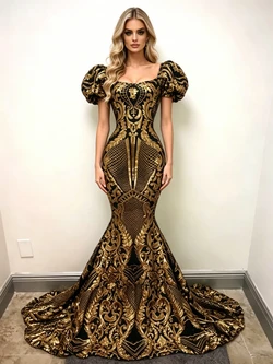Black Mermaid Sequins Puff Sleeve Prom Dress