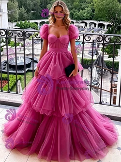 Fuchsia Tulle Puff Sleeve Prom Dress