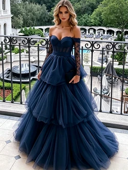 Navy Blue Tulle Long Sleeve Prom Dress