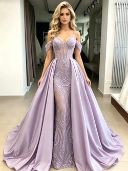 Purple Mermaid Sequins Straps Prom Dress