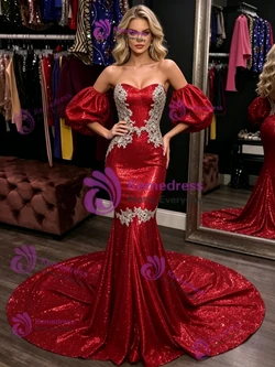 Mermaid Sequns Puff Sleeve Appliques Prom Dress