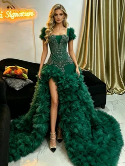 Green Short Sleeve Beading Prom Dresss