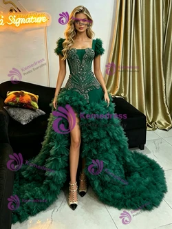 Green Short Sleeve Beading Prom Dresss