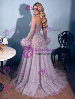 Purple Long Sleeve Off the Shoulder Prom Dress