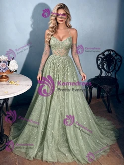 Green Lace Sequins Straps Prom Dress