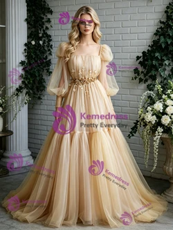 Long Sleeve Tulle Pleats Beading Prom Dress