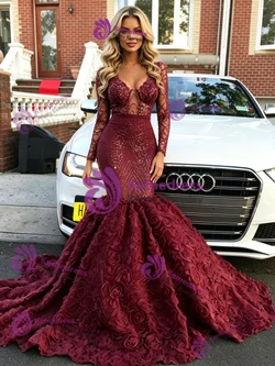 Burgundy Sequins V-neck Long Sleeve Prom Dress