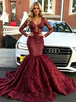 Burgundy Sequins V-neck Long Sleeve Prom Dress