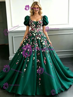 Green Tulle Puff Sleeve Appliques Prom Dress