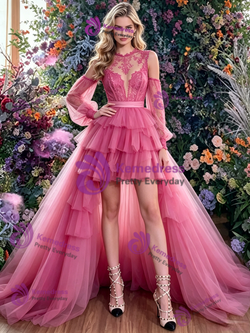 Fuchsia Tulle Long Sleeve Hi Lo Prom Dress