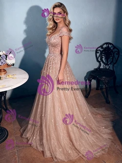 Champagne Lace V-neck Prom Dress