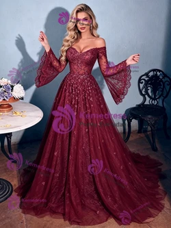 Burgundy Lace Long Sleeve Prom Dress
