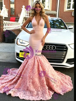 Pink Mermaid V-neck Prom Dress