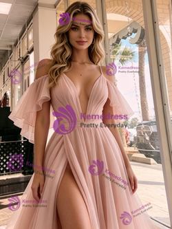 Pink Tulle Spaghetti Straps Prom Dress