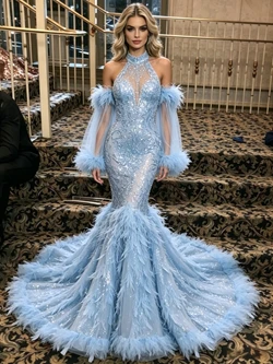 Blue Mermaid Sequins Long Sleeve Prom Dress