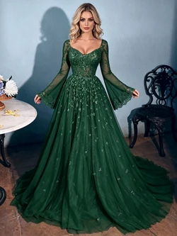 Green Tulle Sequins Long Sleeve Prom Dress