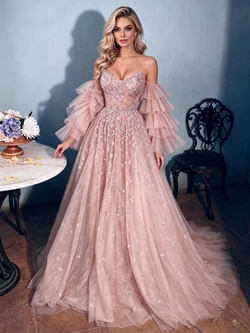 Pink Tulle Sequins Straps Long Sleeve Prom Dress