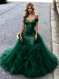Green Mermaid Tulle Sequins Prom Dress