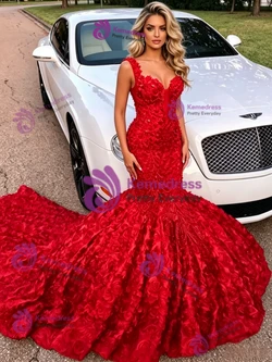 Red Mermaid Sequins Straps Prom Dress